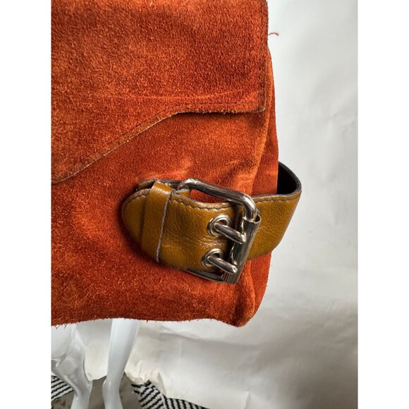 Vintage Rust Suede Handbag With Brown Leather Handles & Buckle Accents - Picture 9 of 16